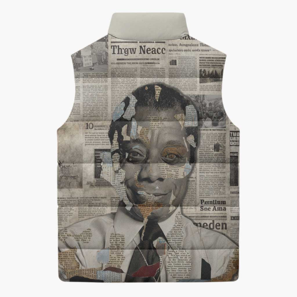 James Baldwin Sleeveless Puffer Jacket Vintage Newspaper Style