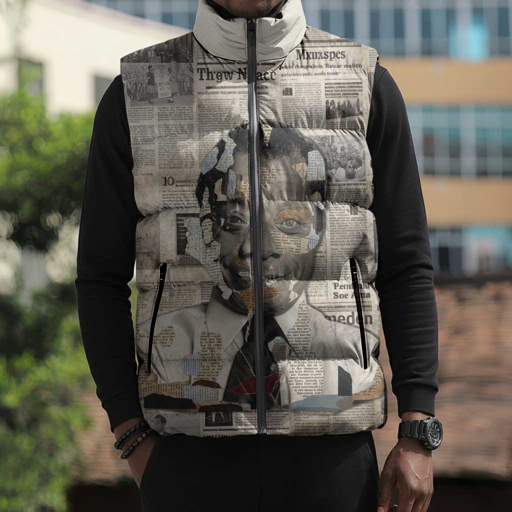James Baldwin Sleeveless Puffer Jacket Vintage Newspaper Style