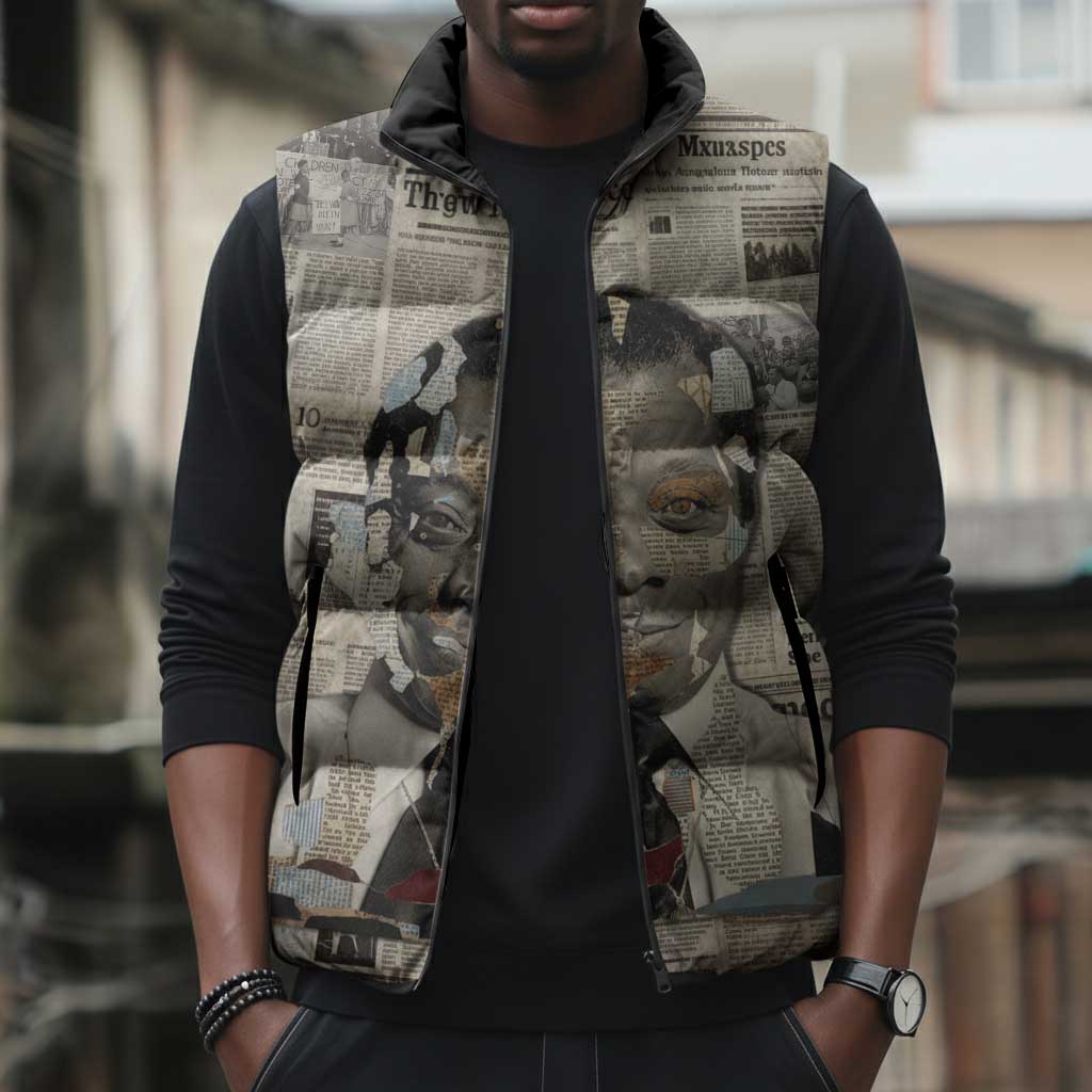 James Baldwin Sleeveless Puffer Jacket Vintage Newspaper Style