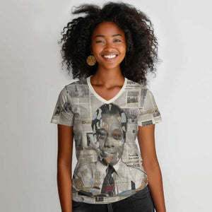 James Baldwin Women V-Neck T-Shirt Vintage Newspaper Style