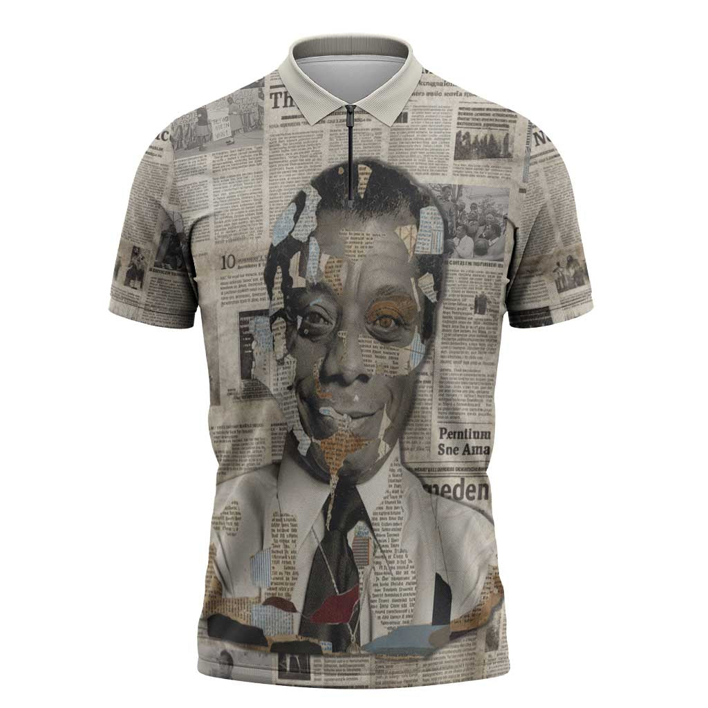 James Baldwin Zipper Polo Shirt Vintage Newspaper Style