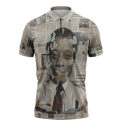 James Baldwin Zipper Polo Shirt Vintage Newspaper Style