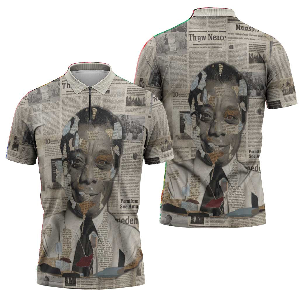 James Baldwin Zipper Polo Shirt Vintage Newspaper Style