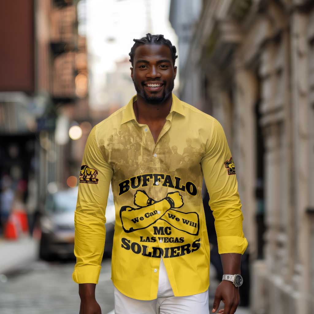 Personalized Buffalo Soldier Long Sleeve Button Shirt African American Heroes - Yellow - African Pride
