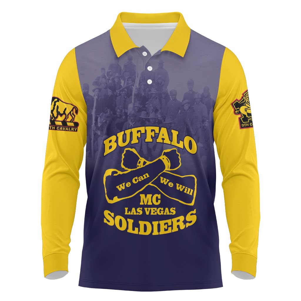 Personalized Buffalo Soldier Long Sleeve Polo Shirt African American Heroes - Navy Blue - African Pride