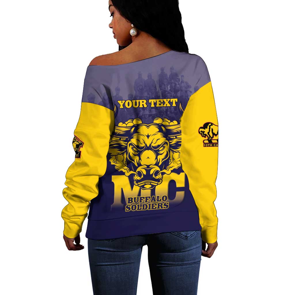 Personalized Buffalo Soldier Off Shoulder Sweater African American Heroes - Navy Blue - African Pride