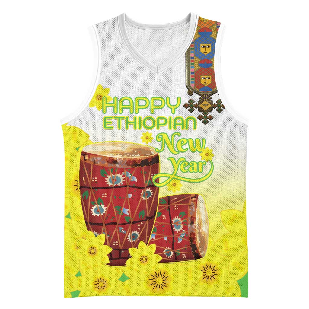 Melkam Enkutatash Ethiopian Basketball Jersey Kebero Drum With Adey Abeba Flower LT15