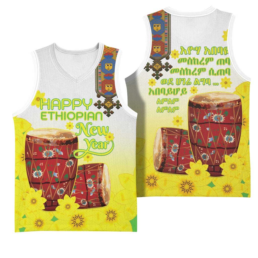 Melkam Enkutatash Ethiopian Basketball Jersey Kebero Drum With Adey Abeba Flower LT15