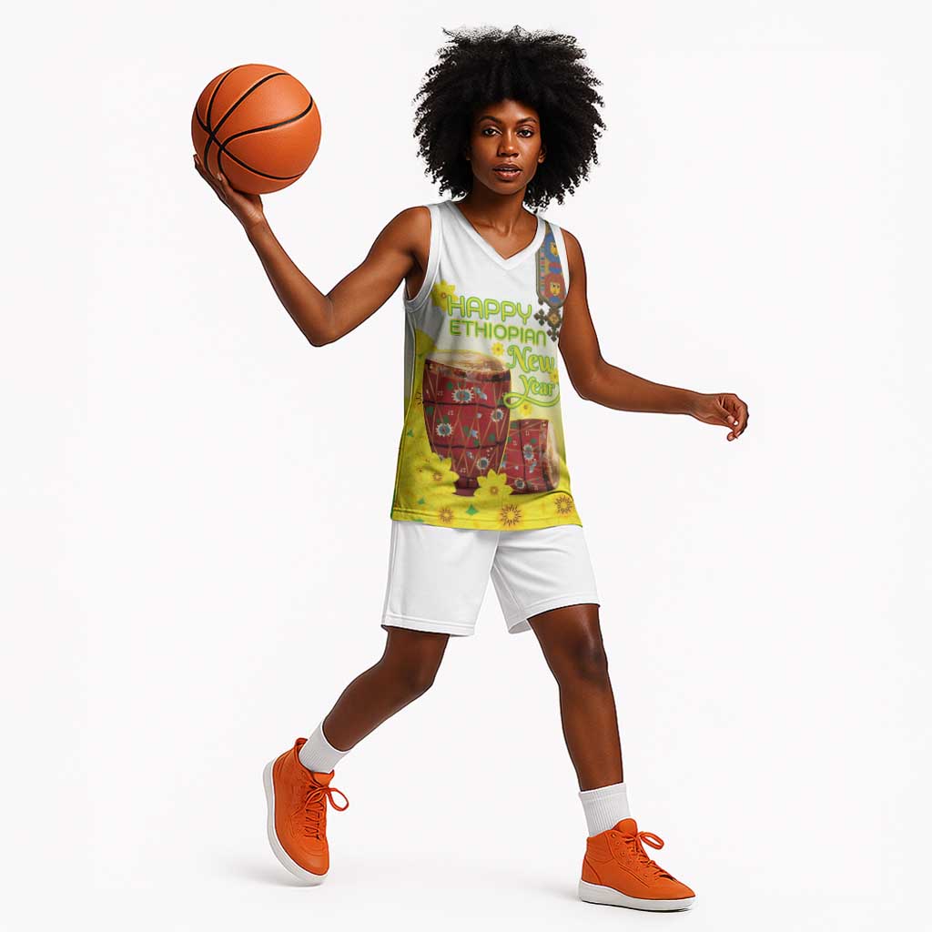 Melkam Enkutatash Ethiopian Basketball Jersey Kebero Drum With Adey Abeba Flower LT15