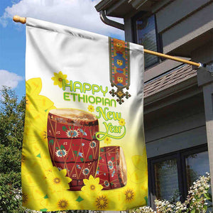 Melkam Enkutatash Ethiopian Garden Flag Kebero Drum With Adey Abeba Flower - African Pride