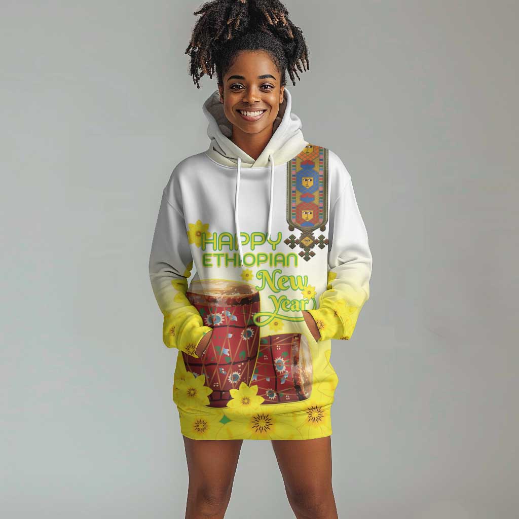 Melkam Enkutatash Ethiopian Hoodie Dress Kebero Drum With Adey Abeba Flower - African Pride