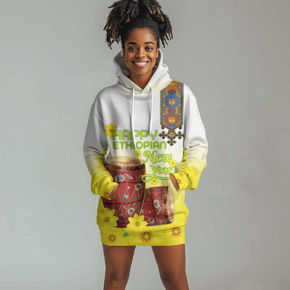 Melkam Enkutatash Ethiopian Hoodie Dress Kebero Drum With Adey Abeba Flower - African Pride