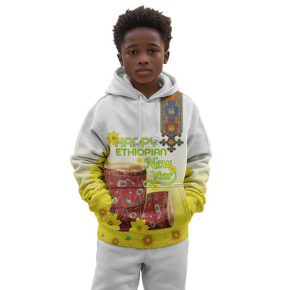 Melkam Enkutatash Ethiopian Kid Hoodie Kebero Drum With Adey Abeba Flower - African Pride