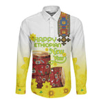 Melkam Enkutatash Ethiopian Long Sleeve Button Shirt Kebero Drum With Adey Abeba Flower - African Pride