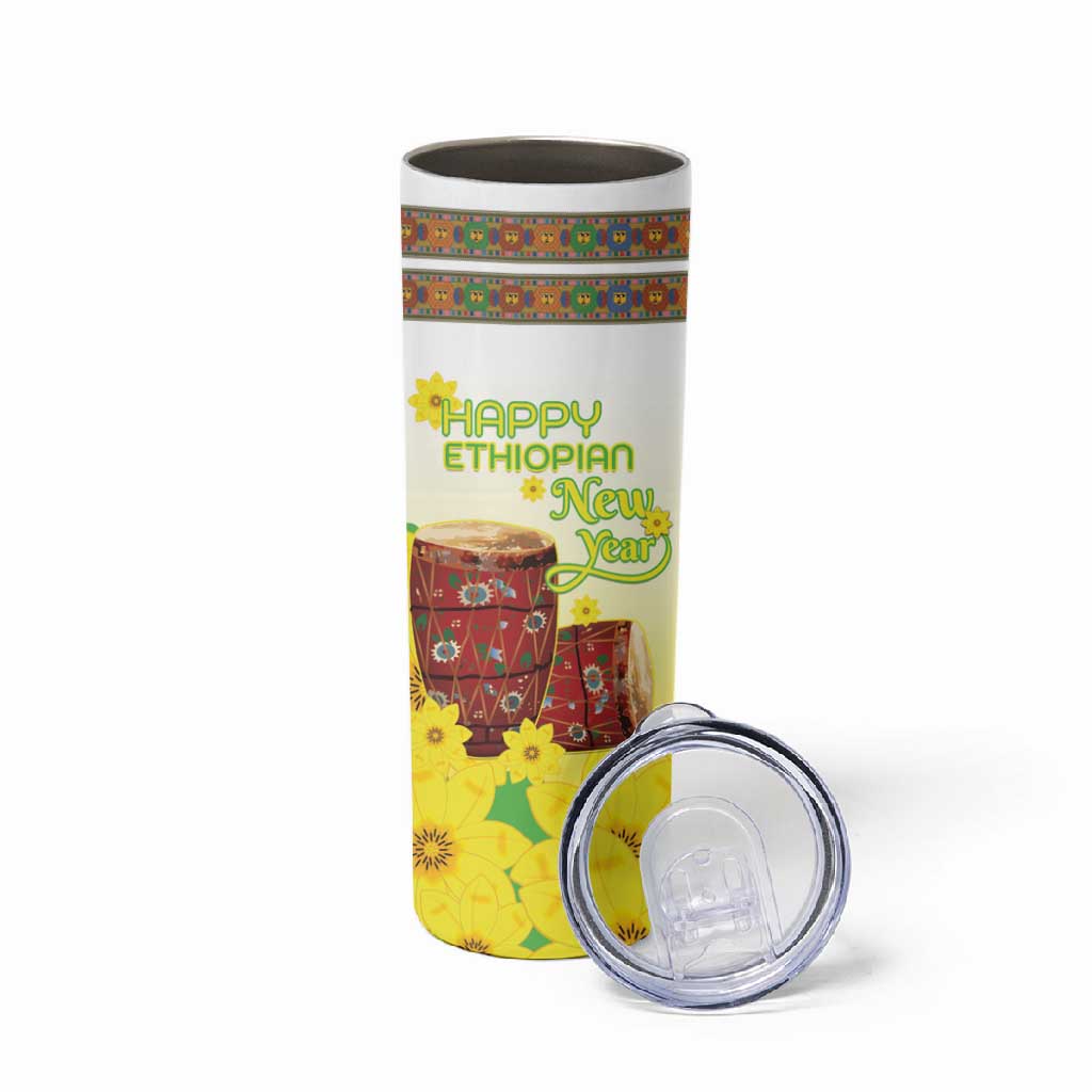 Melkam Enkutatash Ethiopian Skinny Tumbler Kebero Drum With Adey Abeba Flower - African Pride
