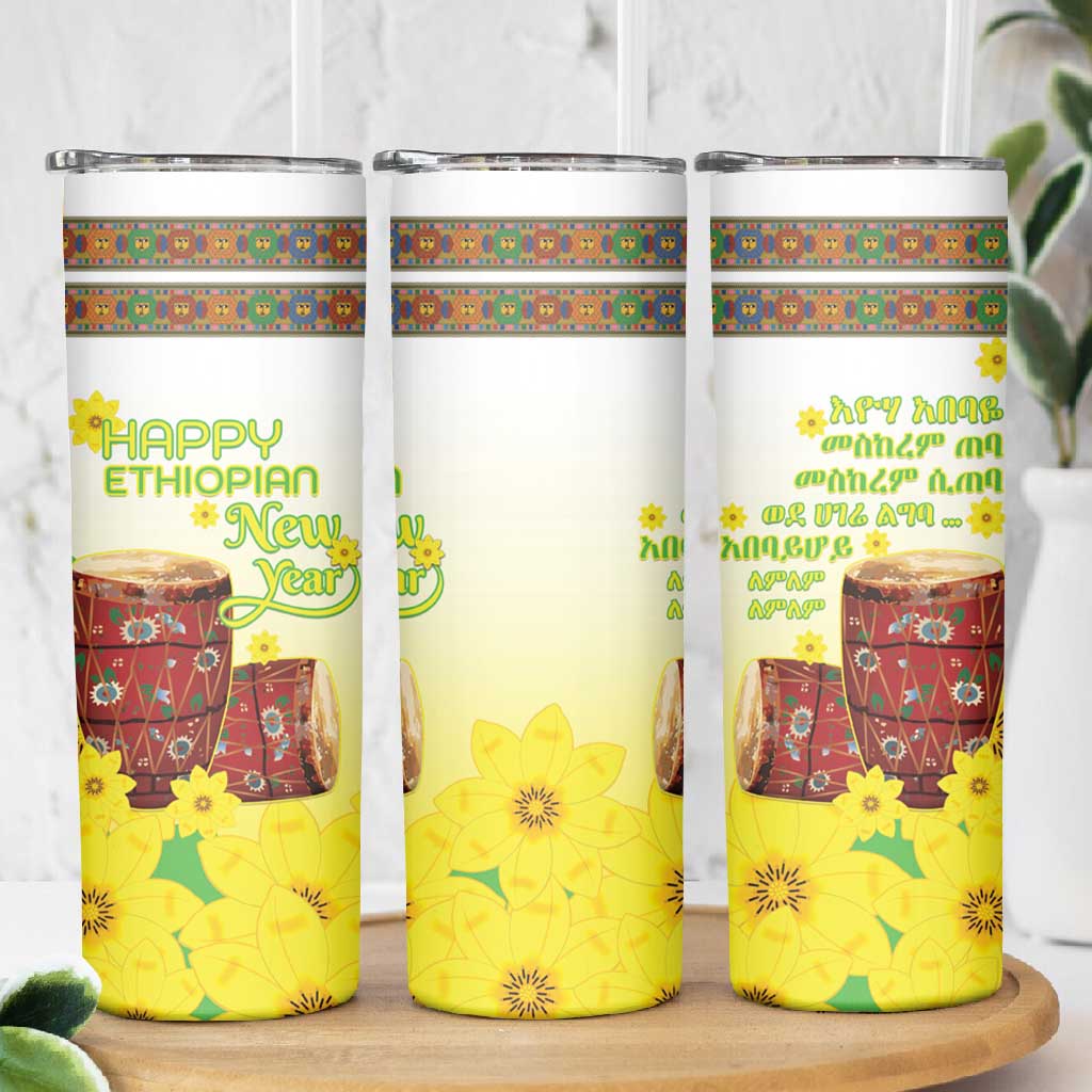 Melkam Enkutatash Ethiopian Skinny Tumbler Kebero Drum With Adey Abeba Flower - African Pride