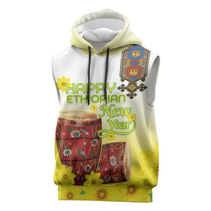 Melkam Enkutatash Ethiopian Sleeveless Hoodie Kebero Drum With Adey Abeba Flower - African Pride
