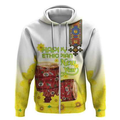 Melkam Enkutatash Ethiopian Zip Hoodie Kebero Drum With Adey Abeba Flower - African Pride