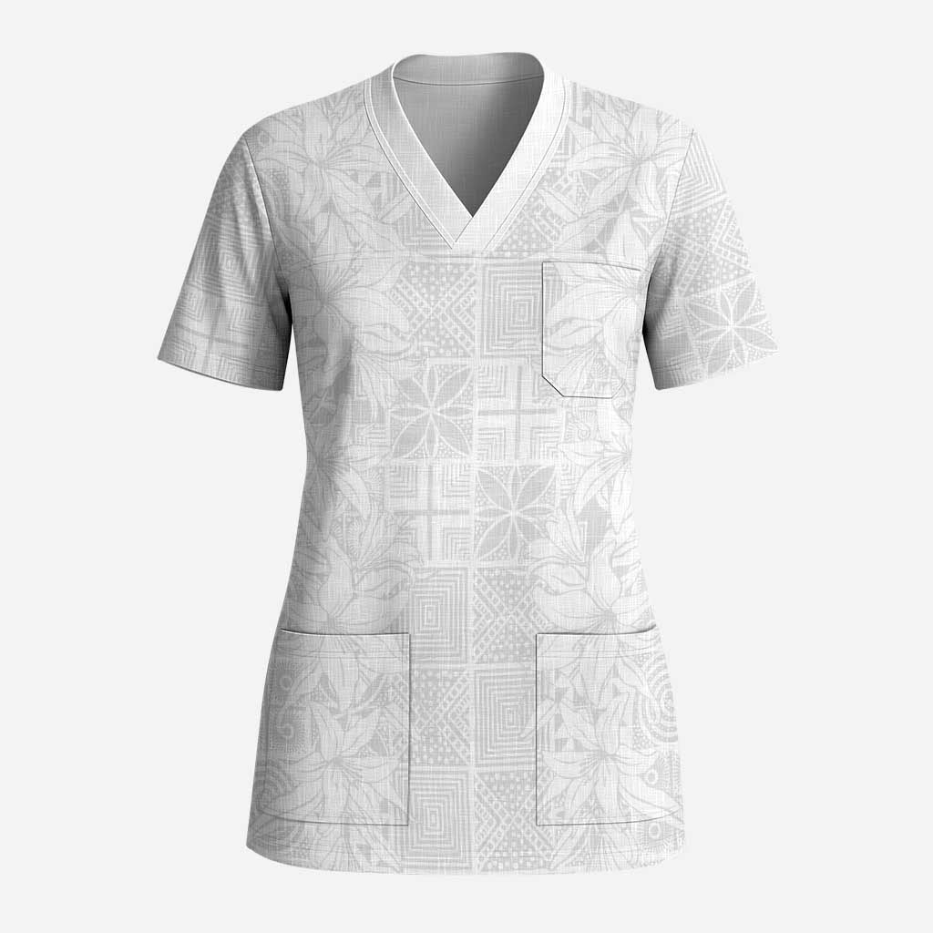 Nigeria Osun-Osogbo Festival Scrub Top White Lily Lei With Yoruba Pattern - African Pride