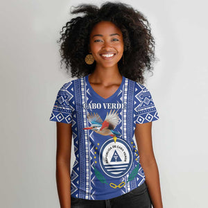 Personalised Cape Verde Women V-Neck T-Shirt Grey Headed Kingfisher - Coat Of Arms