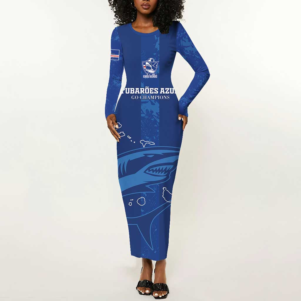 Custom Cape Verde Football Long Sleeve Bodycon Dress Go Champions Tubaroes Azuis LT15