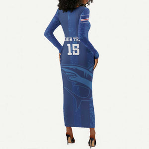 Custom Cape Verde Football Long Sleeve Bodycon Dress Go Champions Tubaroes Azuis