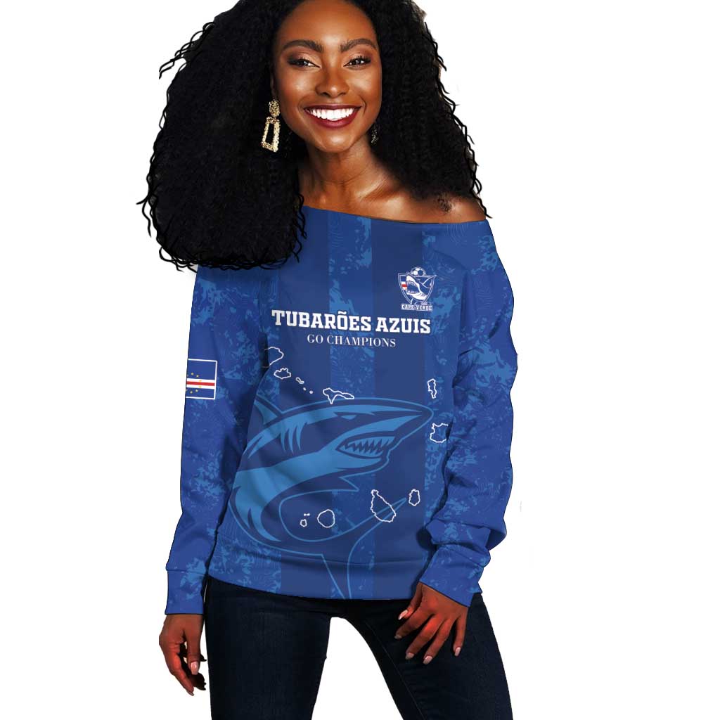 Custom Cape Verde Football Off Shoulder Sweater Go Champions Tubaroes Azuis