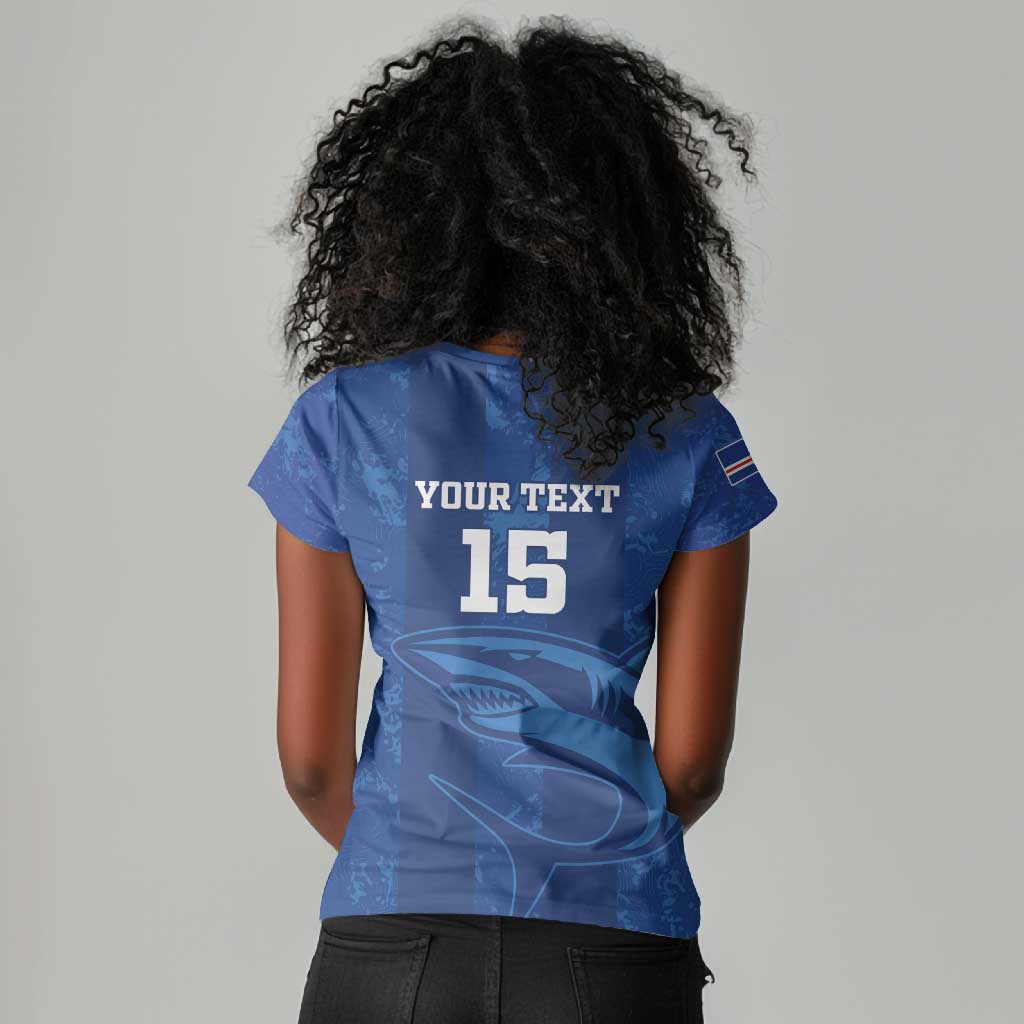 Custom Cape Verde Football Women V-Neck T-Shirt Go Champions Tubaroes Azuis