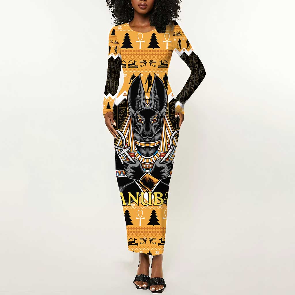 Afro Ancient Egyptian Long Sleeve Bodycon Dress Anubis - Merry Christmas