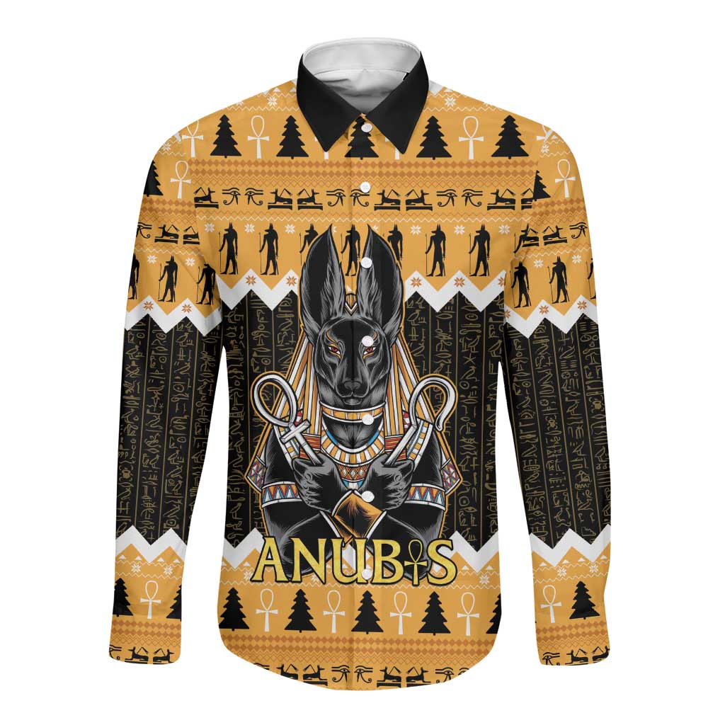 Afro Ancient Egyptian Long Sleeve Button Shirt Anubis - Merry Christmas