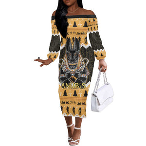 Afro Ancient Egyptian Off The Shoulder Long Sleeve Dress Anubis - Merry Christmas