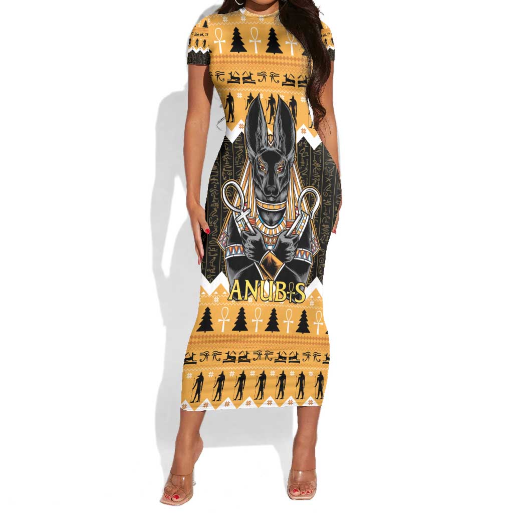 Afro Ancient Egyptian Short Sleeve Bodycon Dress Anubis - Merry Christmas