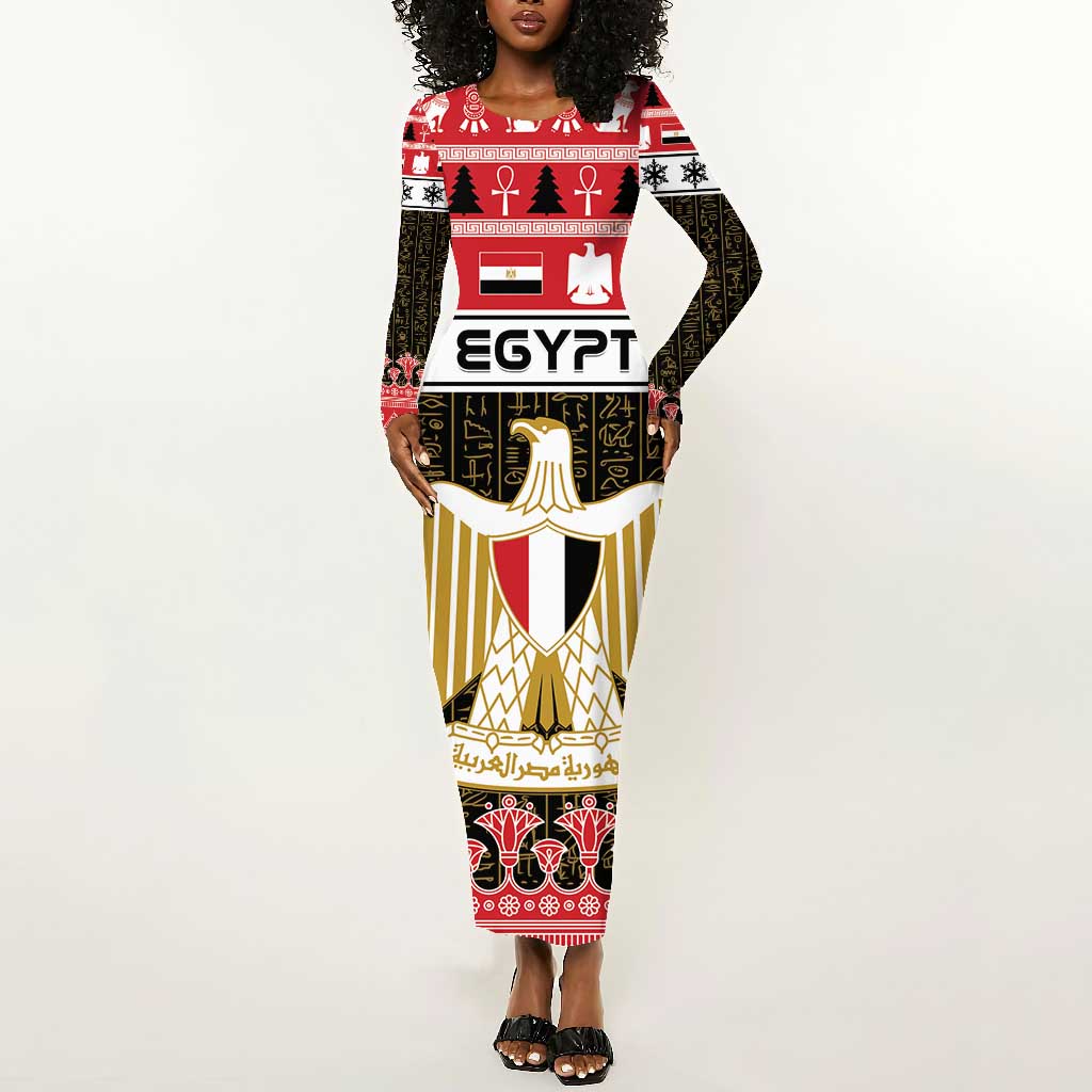 Afro Egypt Christmas Long Sleeve Bodycon Dress Coat Of Arms Mix Egyptian Pattern