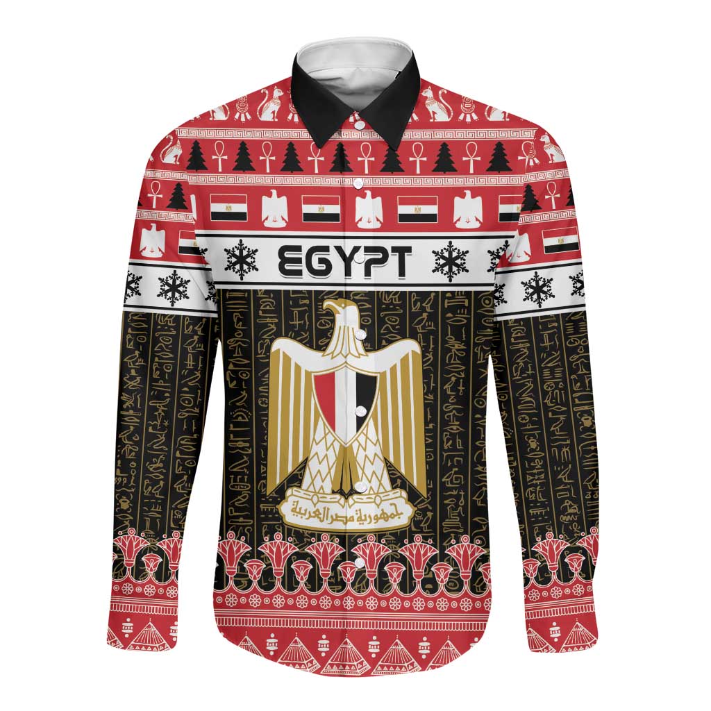 Afro Egypt Christmas Long Sleeve Button Shirt Coat Of Arms Mix Egyptian Pattern LT15