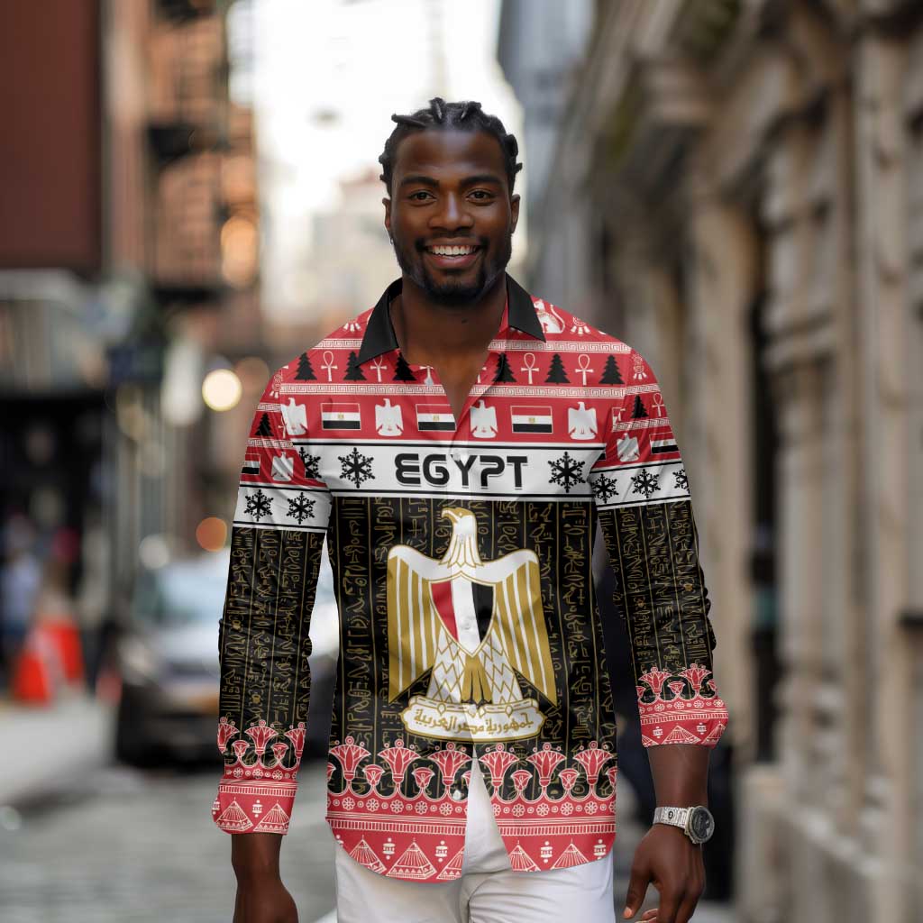 Afro Egypt Christmas Long Sleeve Button Shirt Coat Of Arms Mix Egyptian Pattern LT15