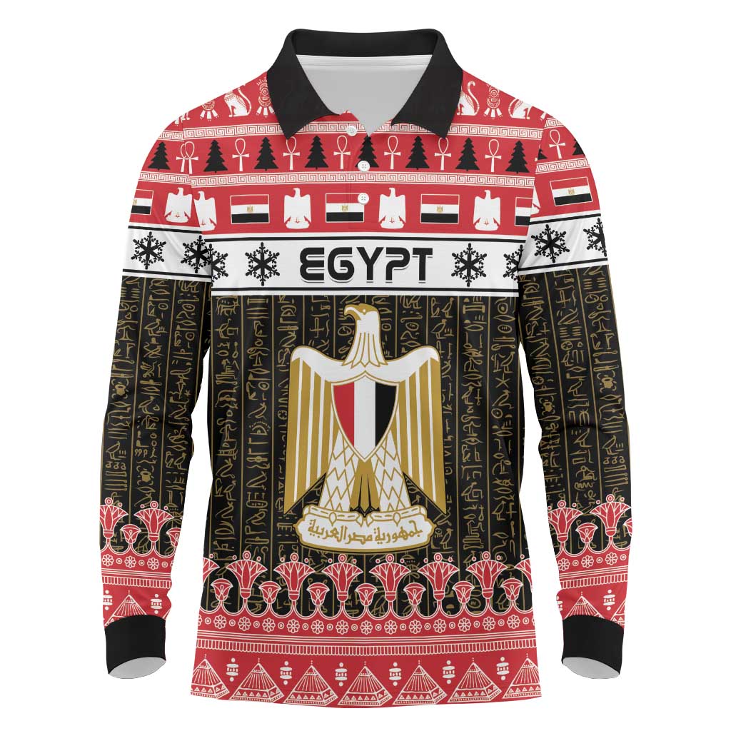 Afro Egypt Christmas Long Sleeve Polo Shirt Coat Of Arms Mix Egyptian Pattern