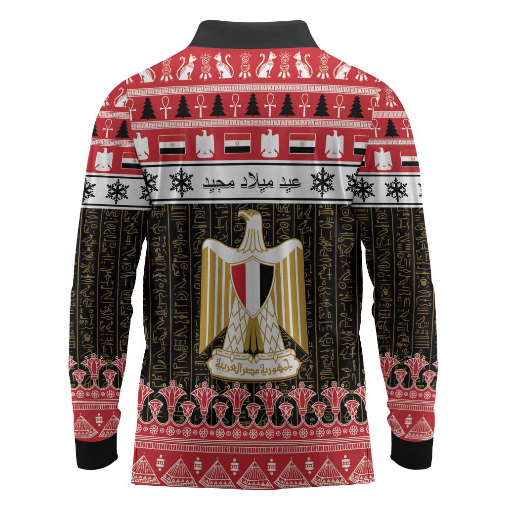Afro Egypt Christmas Long Sleeve Polo Shirt Coat Of Arms Mix Egyptian Pattern LT15