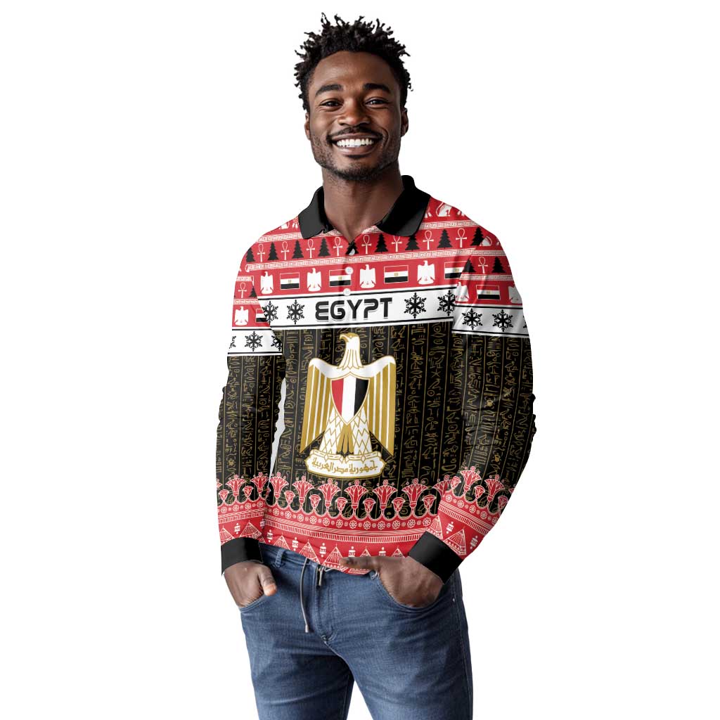 Afro Egypt Christmas Long Sleeve Polo Shirt Coat Of Arms Mix Egyptian Pattern LT15