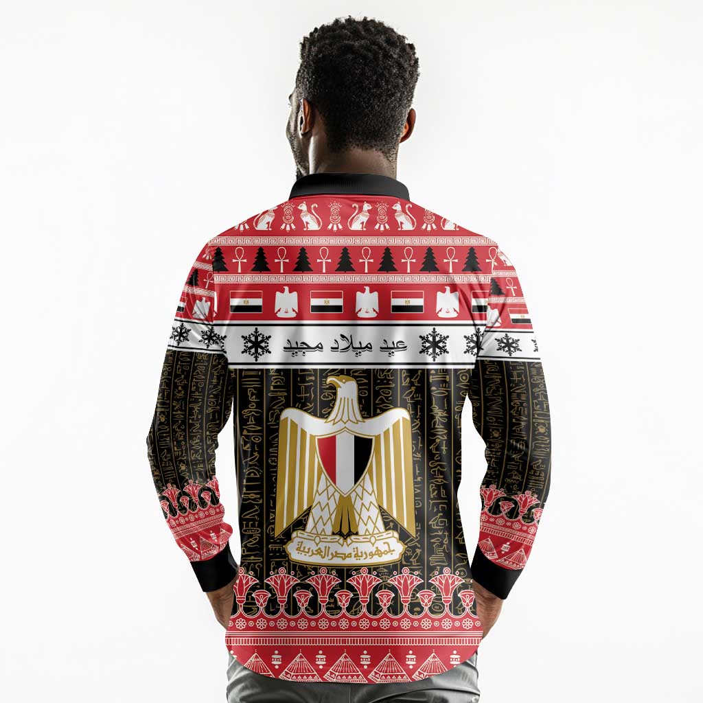 Afro Egypt Christmas Long Sleeve Polo Shirt Coat Of Arms Mix Egyptian Pattern LT15