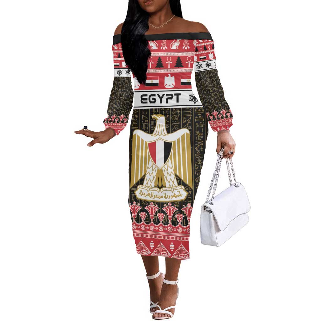 Afro Egypt Christmas Off The Shoulder Long Sleeve Dress Coat Of Arms Mix Egyptian Pattern LT15