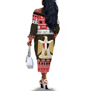 Afro Egypt Christmas Off The Shoulder Long Sleeve Dress Coat Of Arms Mix Egyptian Pattern