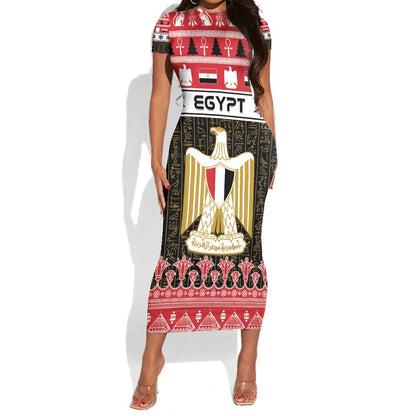 Afro Egypt Christmas Short Sleeve Bodycon Dress Coat Of Arms Mix Egyptian Pattern LT15