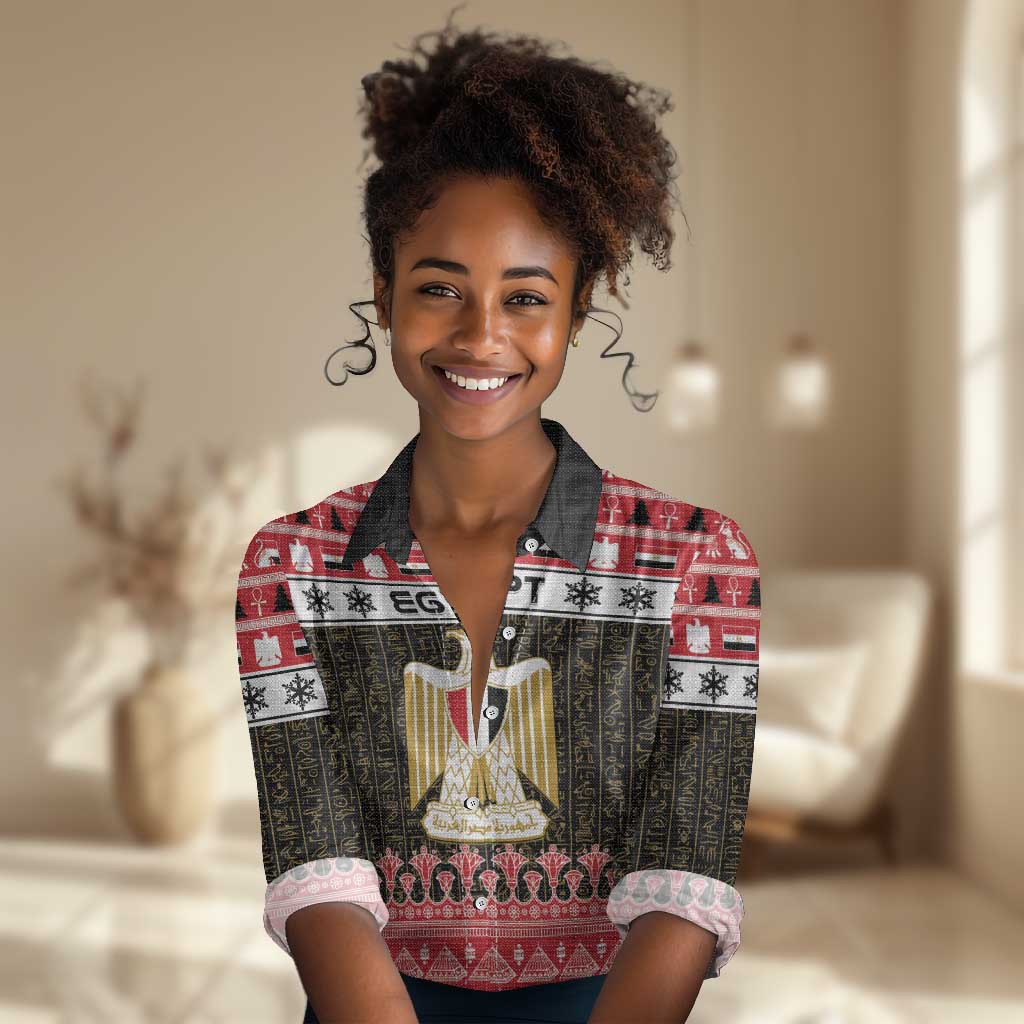 Afro Egypt Christmas Women Casual Shirt Coat Of Arms Mix Egyptian Pattern