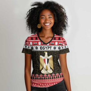 Afro Egypt Christmas Women V-Neck T-Shirt Coat Of Arms Mix Egyptian Pattern