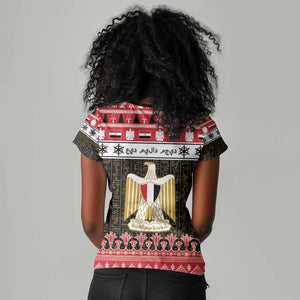 Afro Egypt Christmas Women V-Neck T-Shirt Coat Of Arms Mix Egyptian Pattern