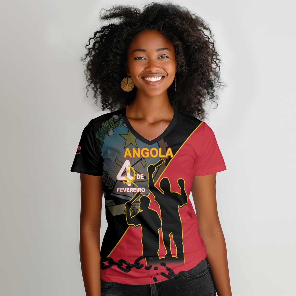 Personalized 4 De Fevereiro Angola Women V-Neck T-Shirt Coat Of Arms Style