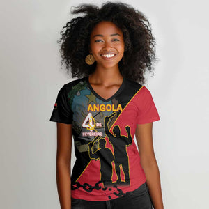 Personalized 4 De Fevereiro Angola Women V-Neck T-Shirt Coat Of Arms Style