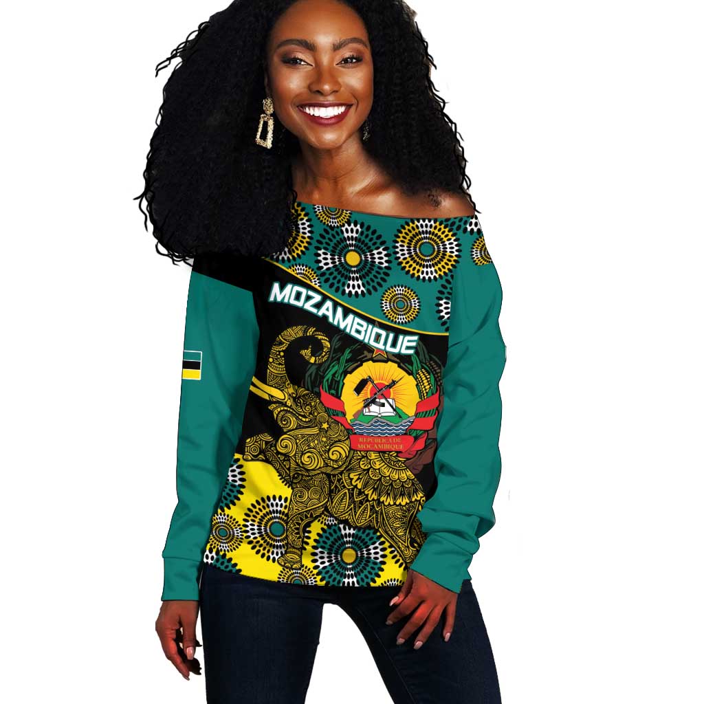 Personalized Mozambique Off Shoulder Sweater African Elephant With Capunala Pattern