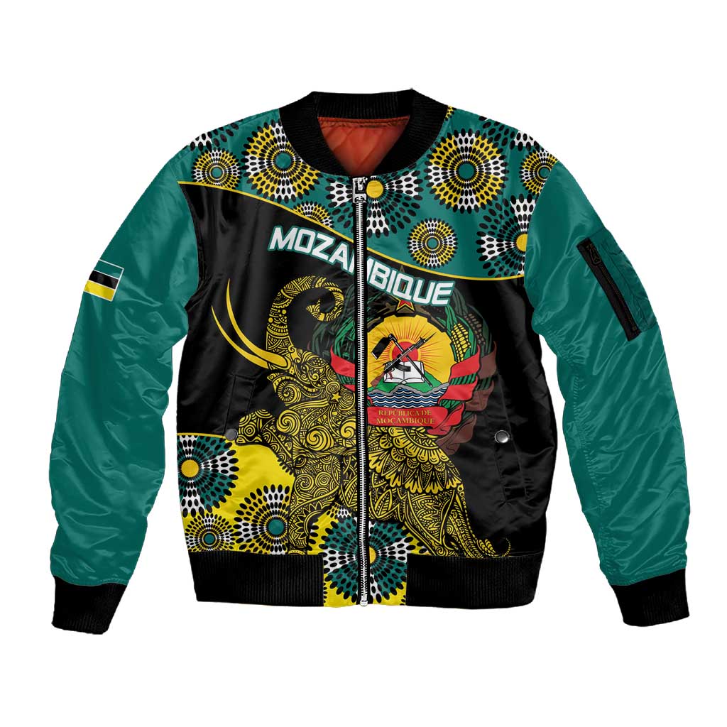 Personalized Mozambique Sleeve Zip Bomber Jacket African Elephant With Capunala Pattern