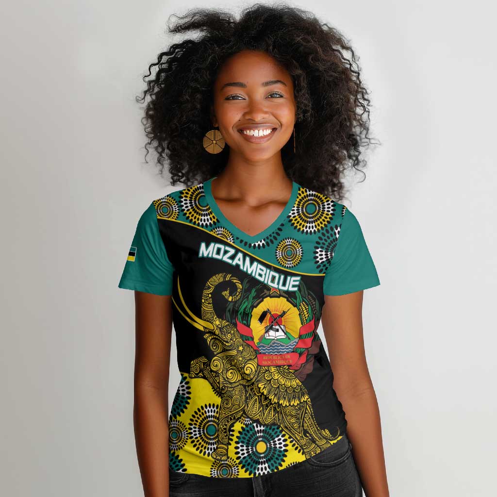 Personalized Mozambique Women V-Neck T-Shirt African Elephant With Capunala Pattern